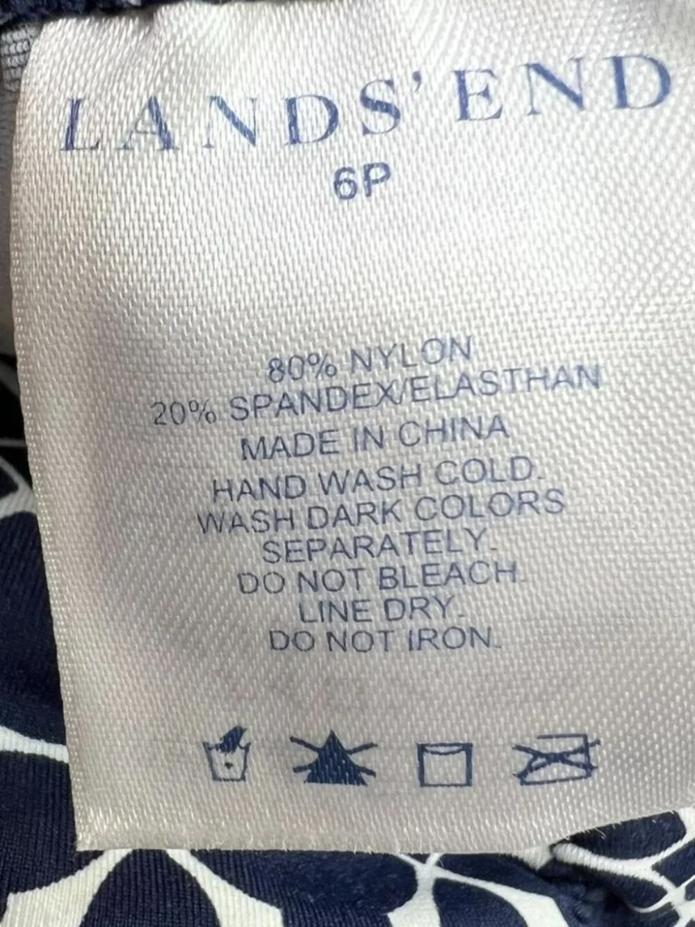 Lands' End Women's Tankini Swim Top Sleeveless Side Ties Size 6P Navy White Geo